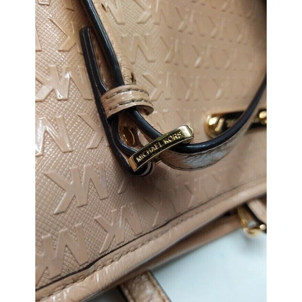 Michael Kors Beige Coated Canvas Leather Trim MK Printed Double Handles Tote Bag